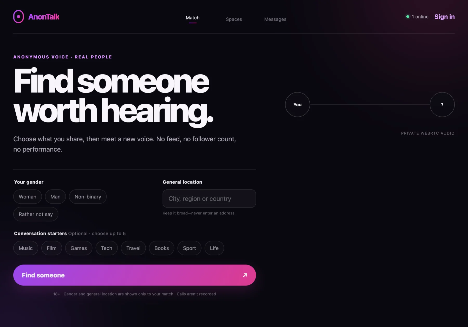 AnonTalk private audio matching interface