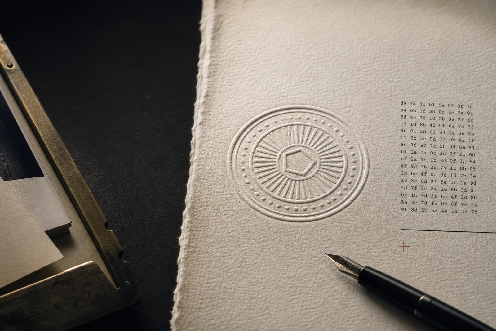 A blind-embossed DealSeal mark beside a fountain pen and a printed hash