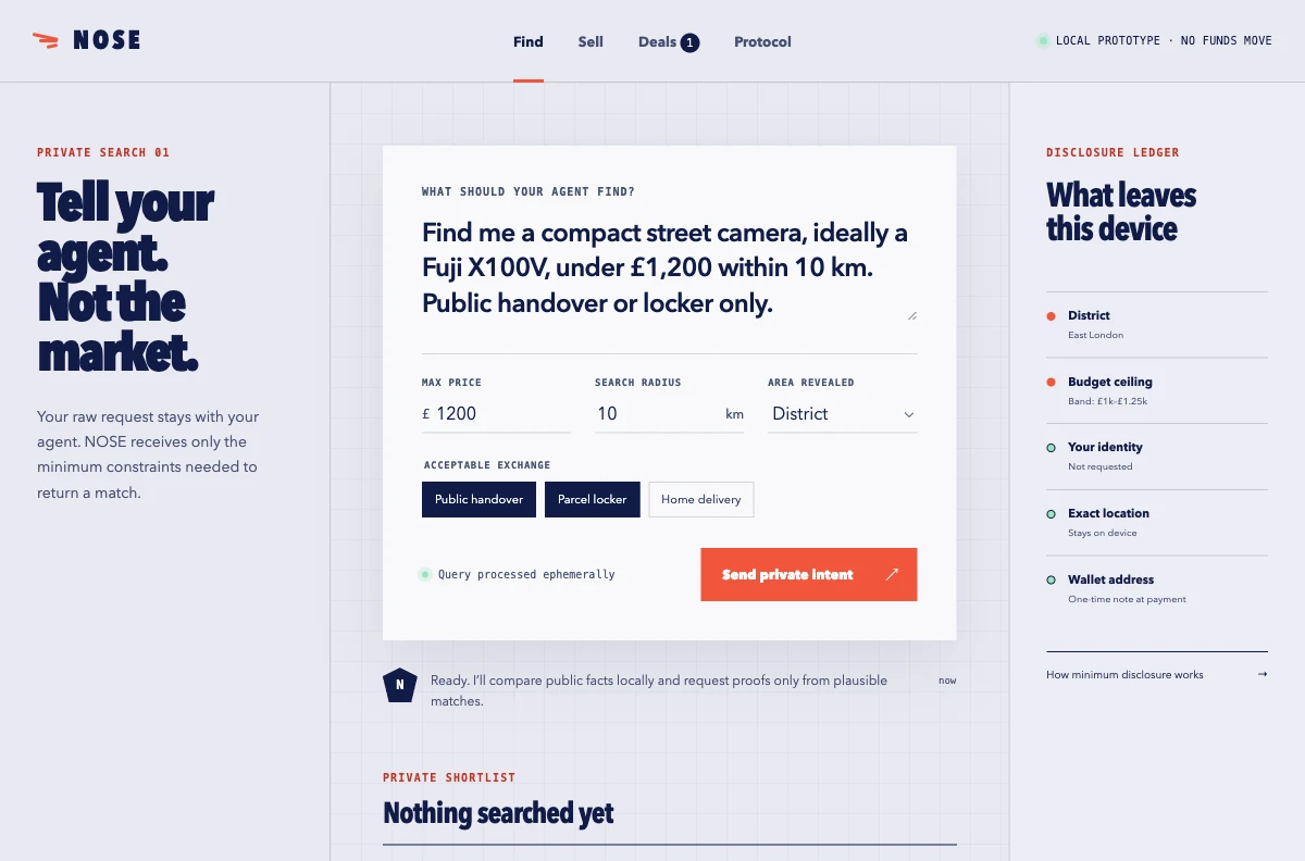 NOSE minimum-disclosure marketplace prototype