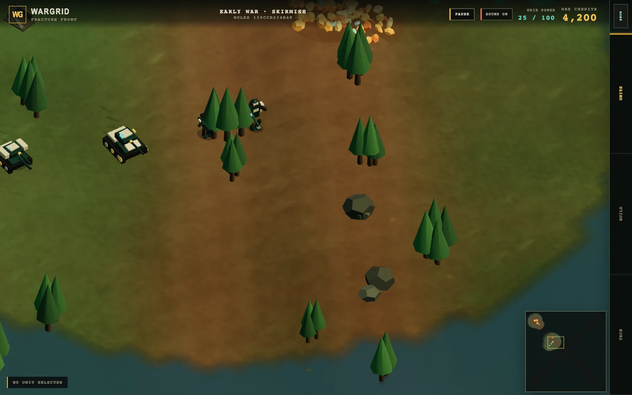 WarGrid real-time strategy game showing vehicles moving through a forested map
